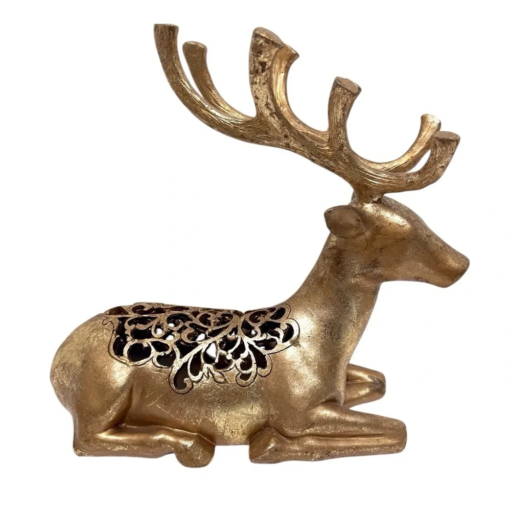 Sitting Filagree Reindeer Figurine Metallic Gold Resin EUC